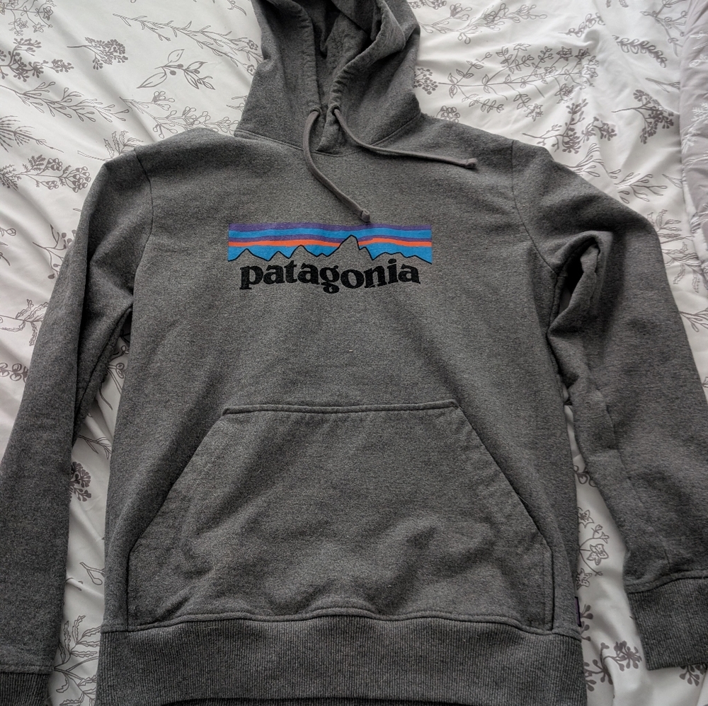Patagonia Charcoal Hoodie with Vibrant Stripes
